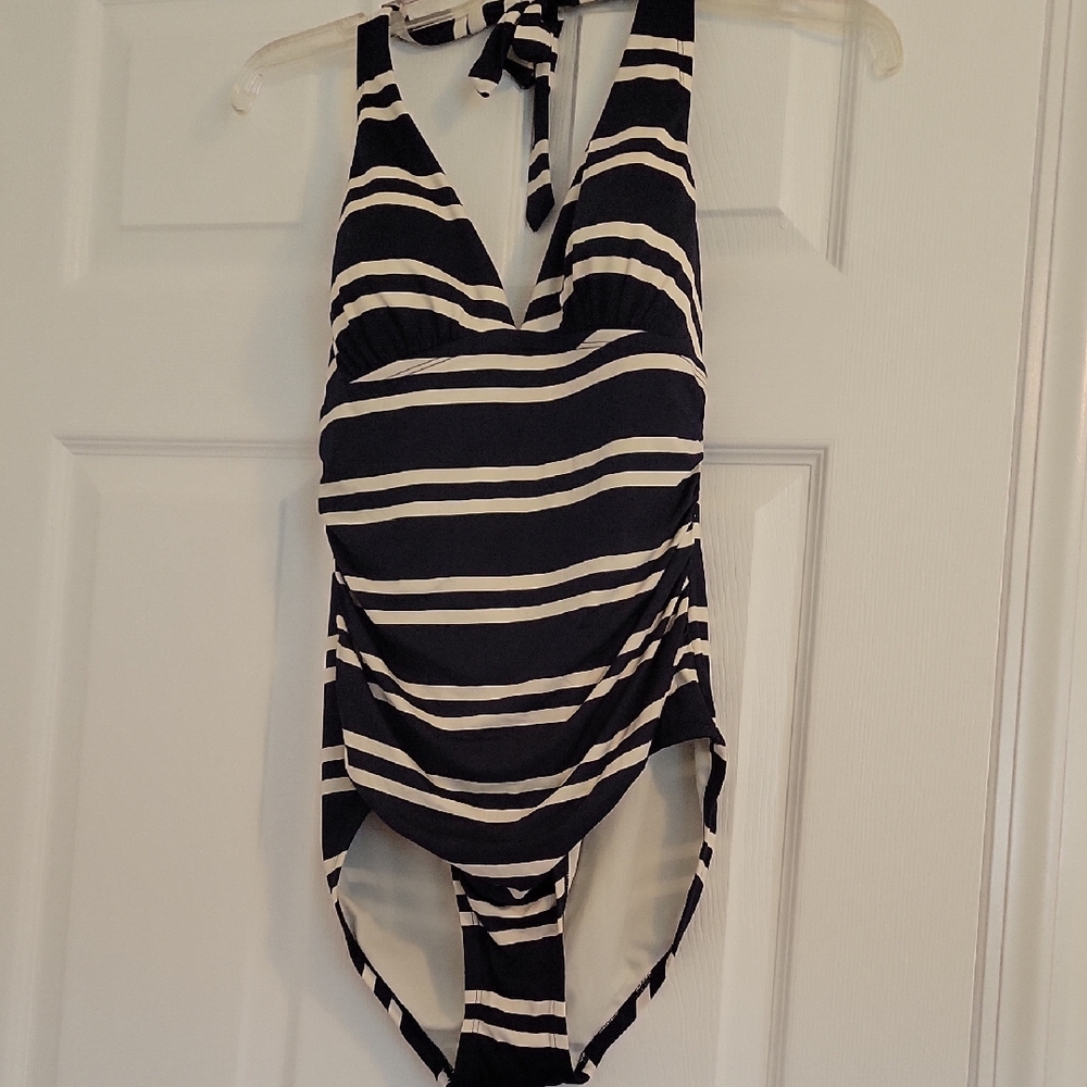 Merona Navy and White Striped One Piece Swimsuit